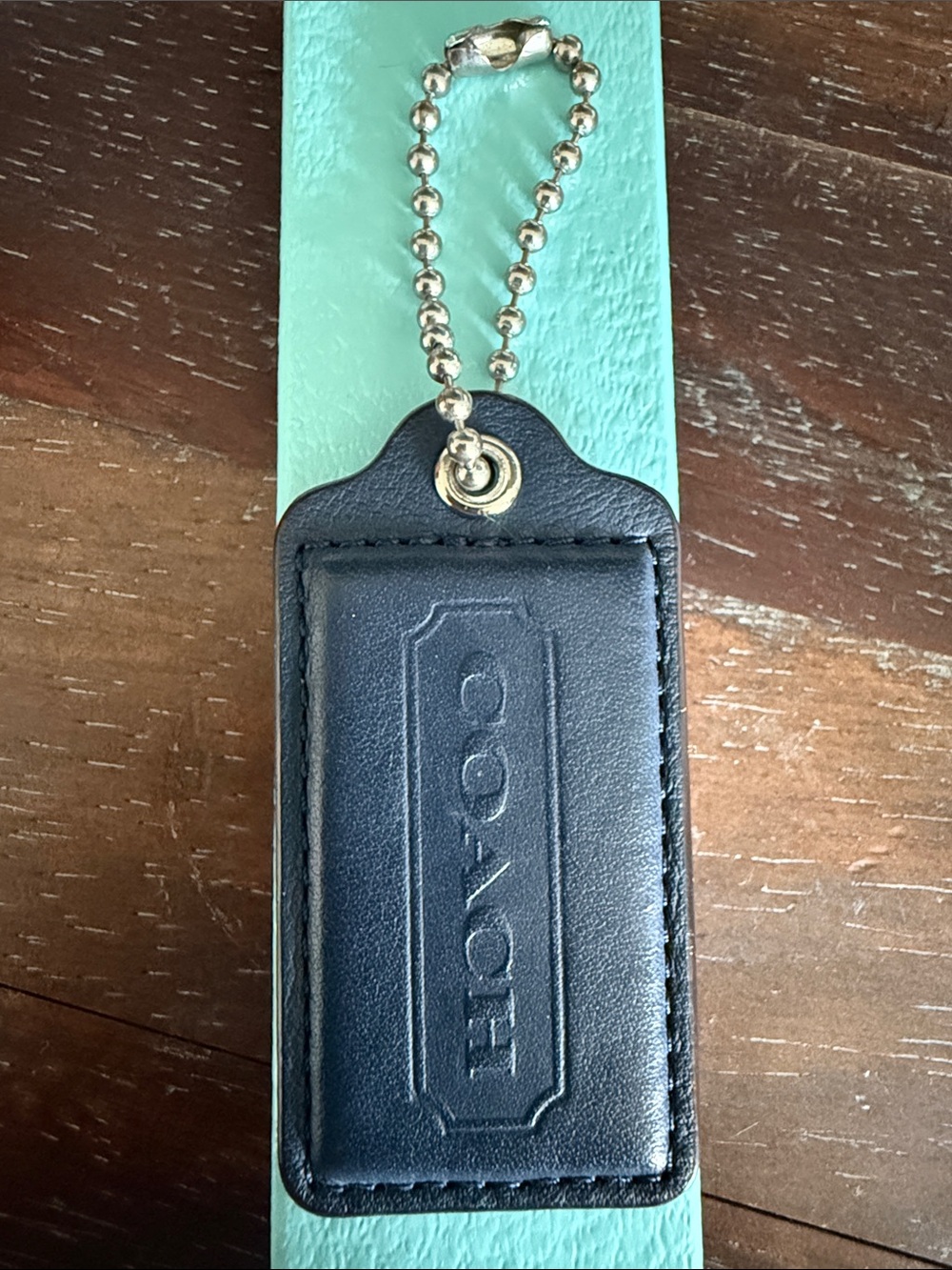 Coach large blue Leather tag Silver Ball Chain